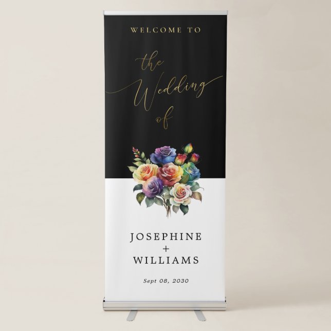 Modern Gold Script Rainbow Rose Wedding Retractable Banner (Front)