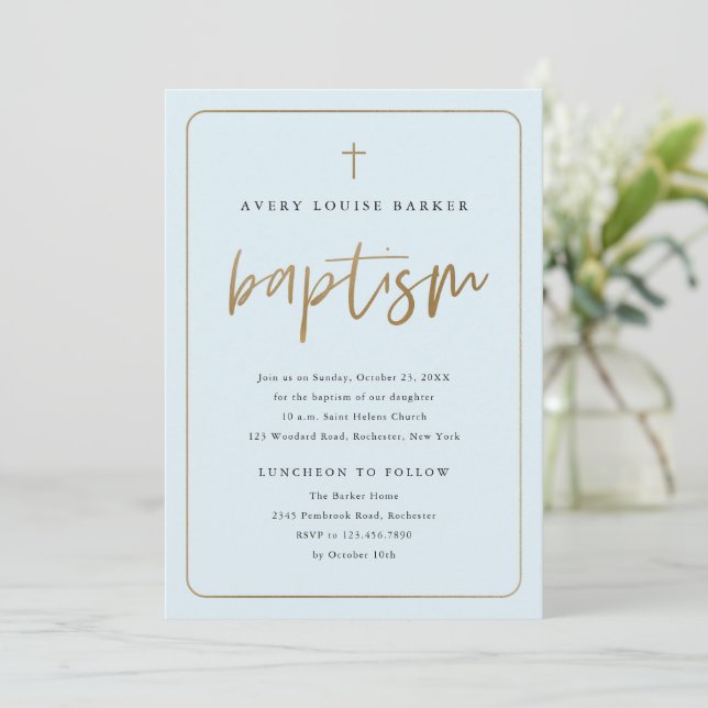 Modern Gold Script Religious Boy Baptism Invitation (Standing Front)