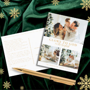 Modern Gold Script Religious Christmas 3 Photo Holiday Postcard