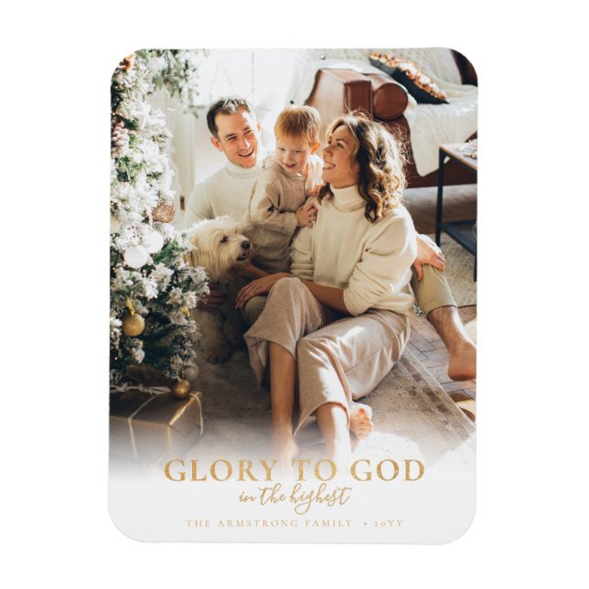 Modern Gold Script Religious Christmas Photo Magnet (Vertical)