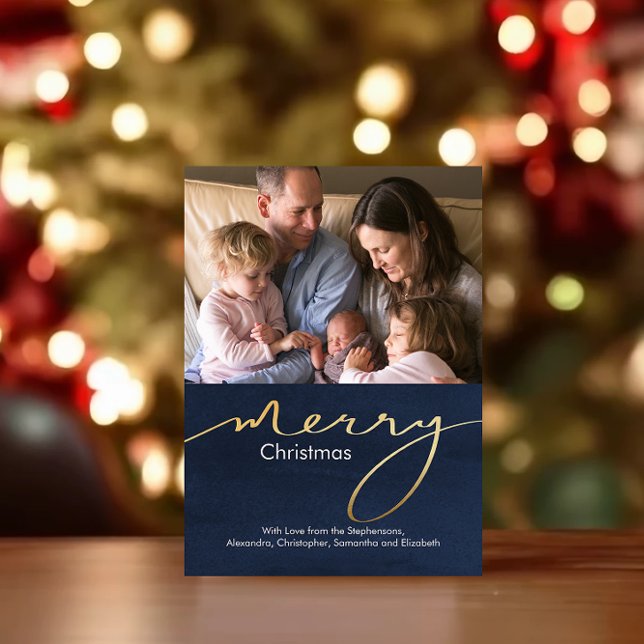 Modern Gold Script Simple Merry Christmas Photo Holiday Card (modern gold script photo christmas card)