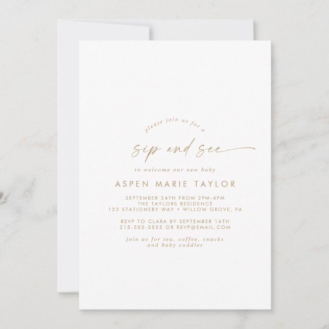 Modern Gold Script Sip and See Invitation (Front)