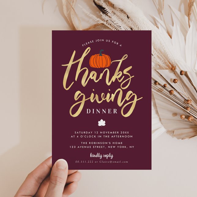 Modern gold script thanksgiving dinner invitation (Creator Uploaded)