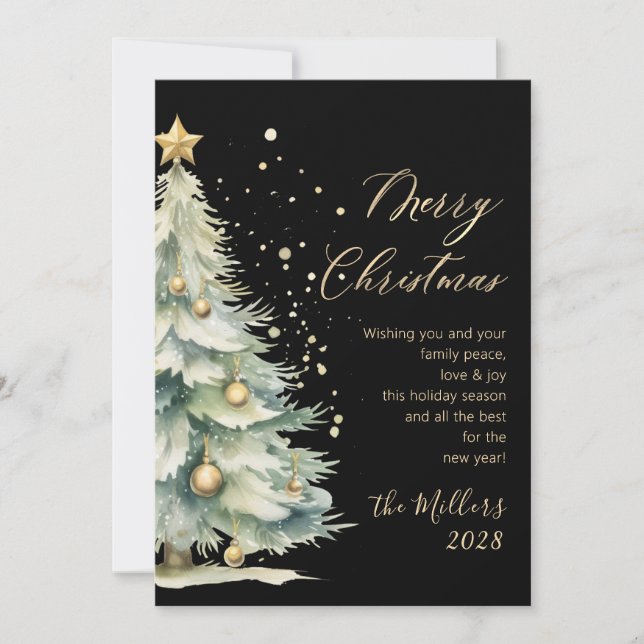 Modern Gold Script Watercolor Christmas Tree Black Holiday Card (Front)