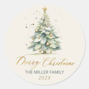 Modern Gold Script Watercolor Christmas Tree  Classic Round Sticker