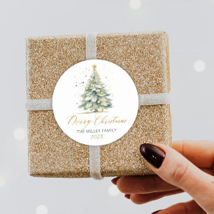 Modern Gold Script Watercolor Christmas Tree  Classic Round Sticker