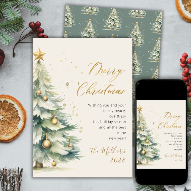 Modern Gold Script Watercolor Christmas Tree Holiday Card (Creator Uploaded)