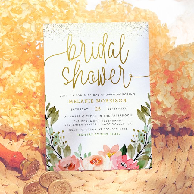 Modern Gold Script Watercolor Floral Bridal Shower Invitation (Creator Uploaded)