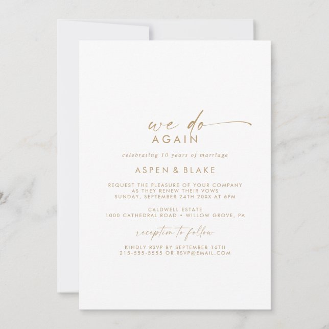 Modern Gold Script We Do Again Vow Renewal Invitation (Front)