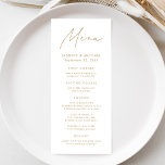 Modern Gold Script Wedding Menu<br><div class="desc">Elevate your wedding reception with our beautifully crafted wedding menu, featuring a sleek handwritten gold script on a clean white background. Perfect for couples seeking a simple yet sophisticated look, this modern design lets you personalise with your names, wedding date, and menu offerings. Its minimalist style effortlessly complements any wedding...</div>