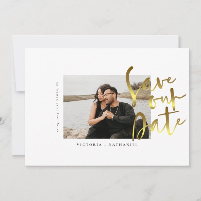 Modern Gold Script Wedding Photo Save The Date (Front)