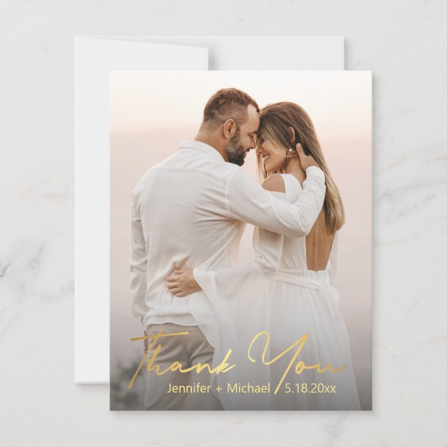 Modern Gold Script Wedding Photo Thank You  Card (Front)