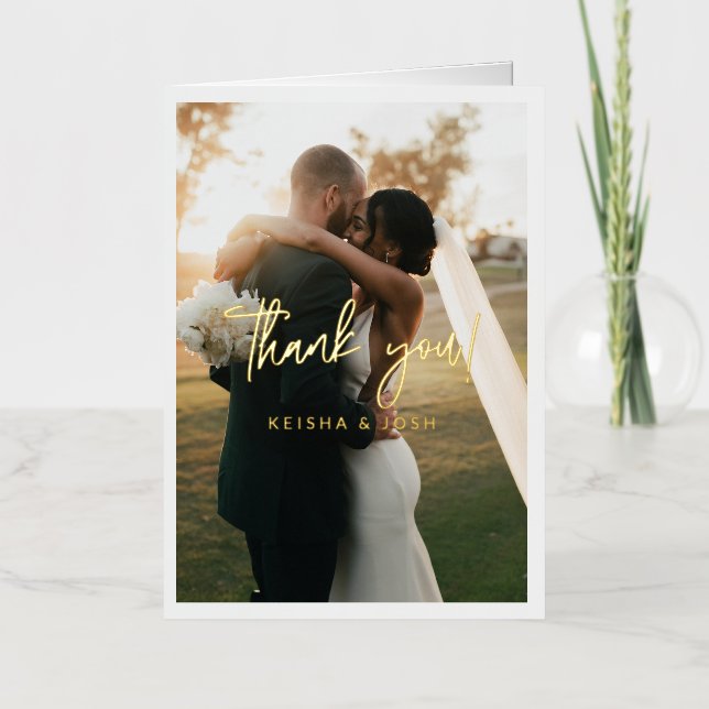 Modern Gold Script Wedding Photo Thank You Foil Greeting Card (Front)