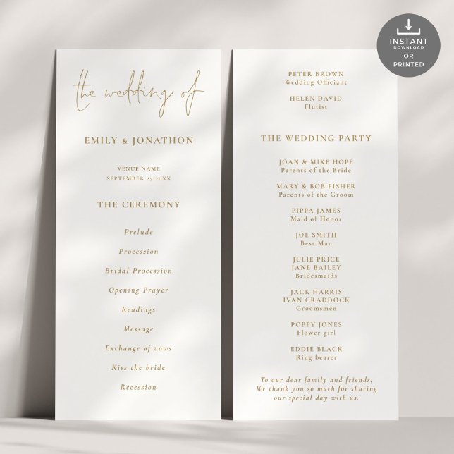 Modern Gold Script Wedding Program Invitation (Front and back view)