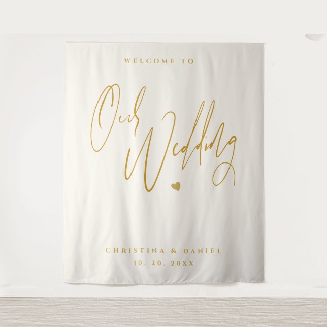 Modern Gold Script Wedding Welcome Wall Sign Tapestry (Front)