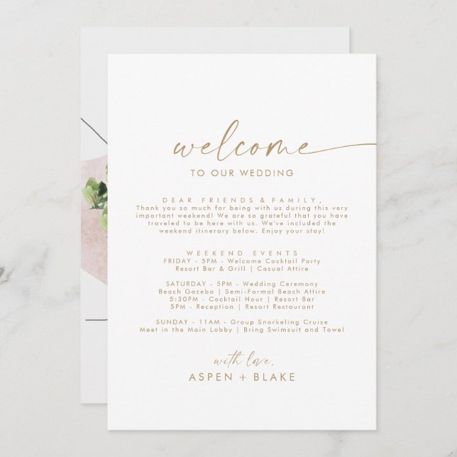 Modern Gold Script Welcome Letter Itinerary & Map (Front/Back)