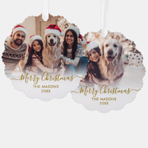 Modern Gold Script White 2 Family Photo Christmas Tree Decoration Card