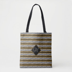 Modern Gold SILVER Black Glitter Monogrammed Tote Bag