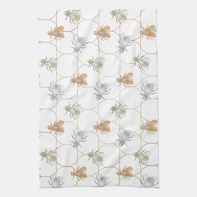 Modern Gold Silver Copper Metal Bees Tea Towel (Vertical)