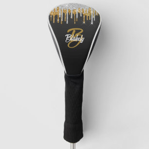 Modern Gold Silver Glitter Drip Monogram Sparkle Golf Head Cover