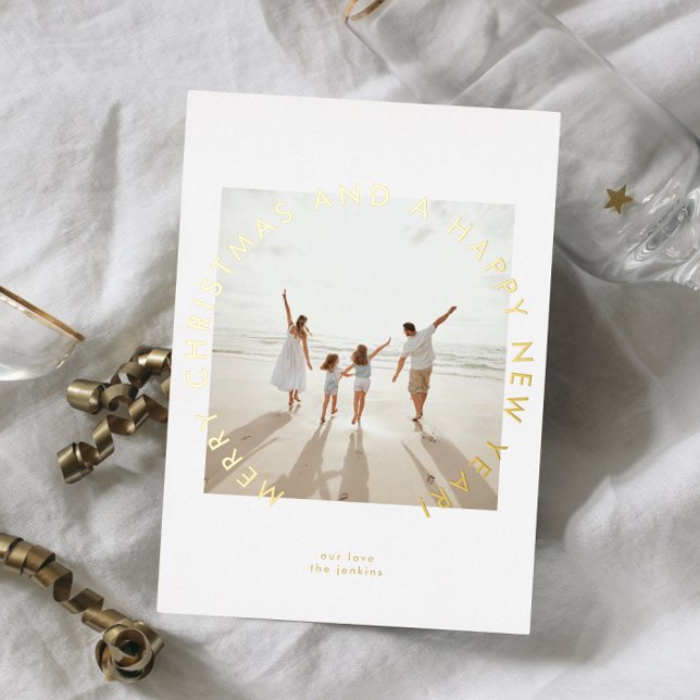 Modern Gold Simple Christmas Photo New Year Foil Holiday Card (Creator Uploaded)
