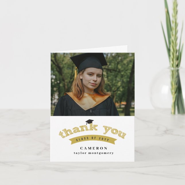 Modern Gold Sketch Graduation Cap Photo Graduate Thank You Card (Front)