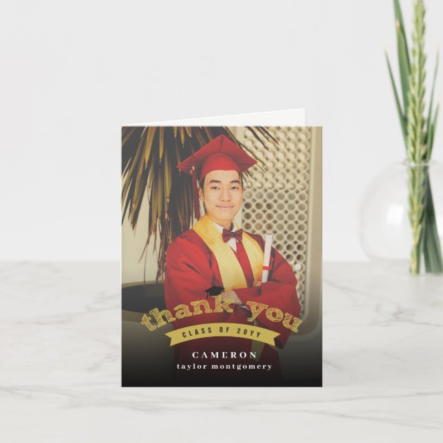 Modern Gold Sketch Graduation Cap Photo Graduate Thank You Card (Front)
