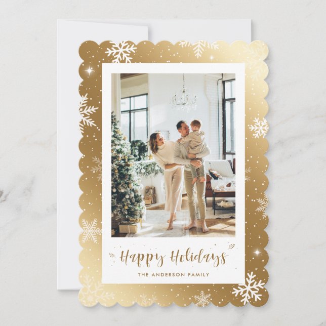 Modern Gold Snowflake Photo Happy Holidays Card (Front)