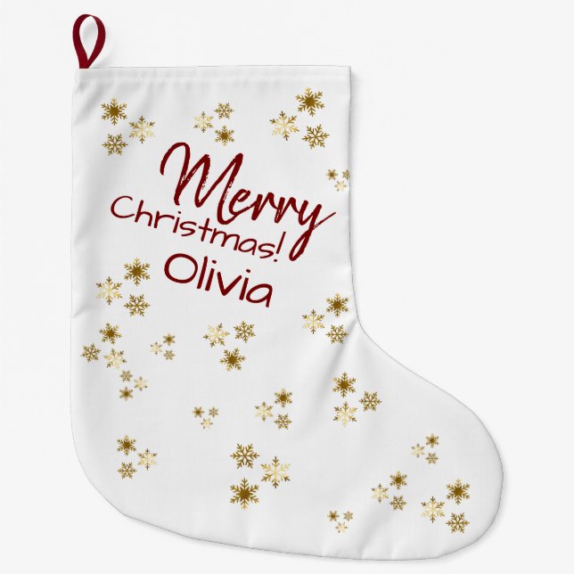 Modern Gold Snowflakes  Custom Christmas  Large Christmas Stocking (Front)