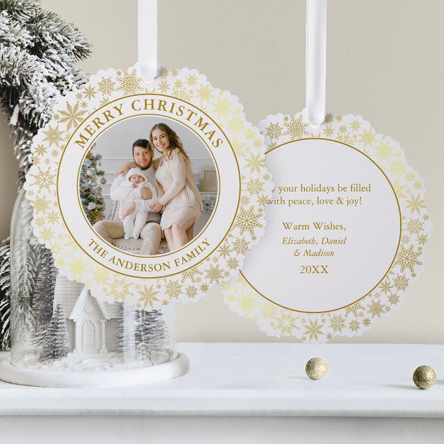 Modern Gold Snowflakes Merry Christmas Photo Tree Decoration Card (A greeting card that is also an ornament! Customize with your photo and personalized text.)