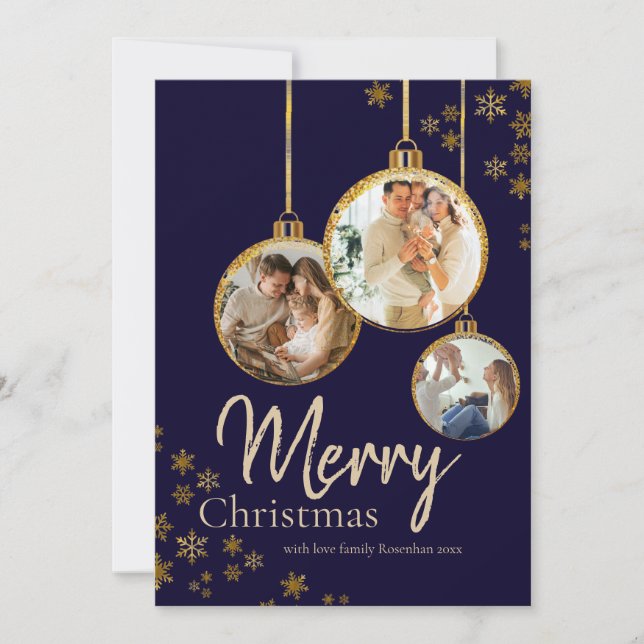 Modern Gold Snowflakes Photo Merry Christmas Holiday Card (Front)