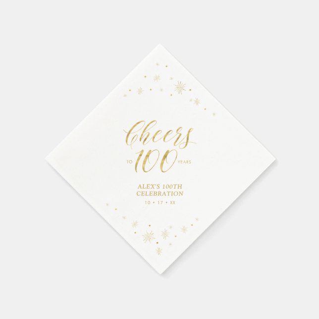 Modern Gold Sparkle & Cheers 100th Birthday Party  Napkin (Corner)