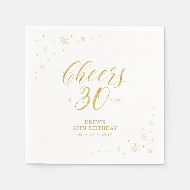 Modern Gold Sparkle & Cheers 30th Birthday Party Napkin (Front)