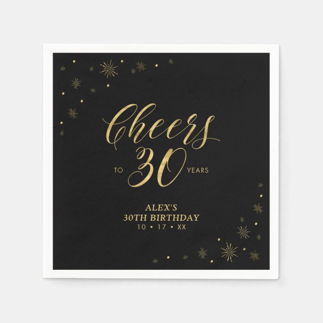 Modern Gold Sparkle & Cheers 30th Birthday Party Napkin (Front)