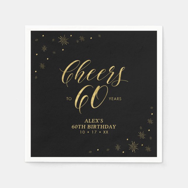 Modern Gold Sparkle & Cheers 60th Birthday Party Napkin (Front)