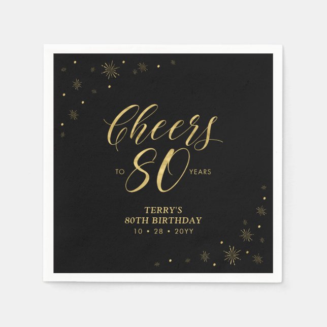 Modern Gold Sparkle & Cheers 80th Birthday Party Napkin (Front)
