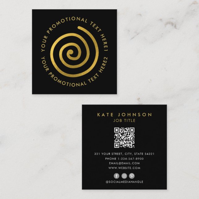 Modern Gold Spiral Logo Scannable QR Code Black Square Business Card (Front/Back)
