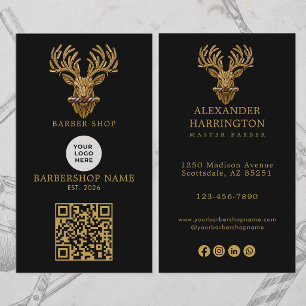 Modern Gold Stag Barber Shop Pole Logo Qr Code Business Card