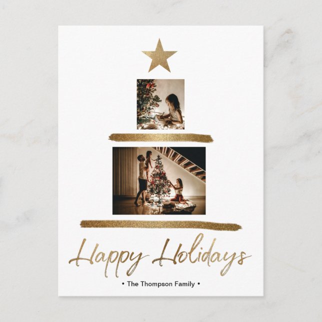 Modern Gold Star Christmas Family Photos Holiday Postcard (Front)