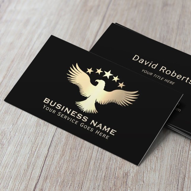 Modern Gold Stars Bald Eagle Professional Black Business Card (Creator Uploaded)