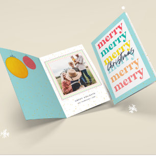 Modern Gold Stars Blue Christmas Balls One Photo Card