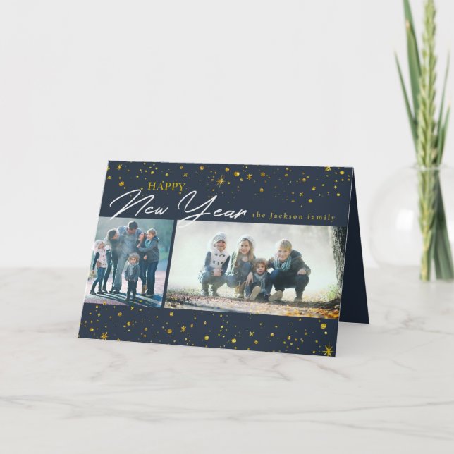 Modern Gold stars Dark Blue New Year greeting Holiday Card (Front)