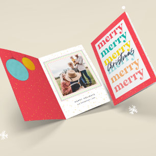 Modern Gold Stars Red Christmas Balls One Photo Card