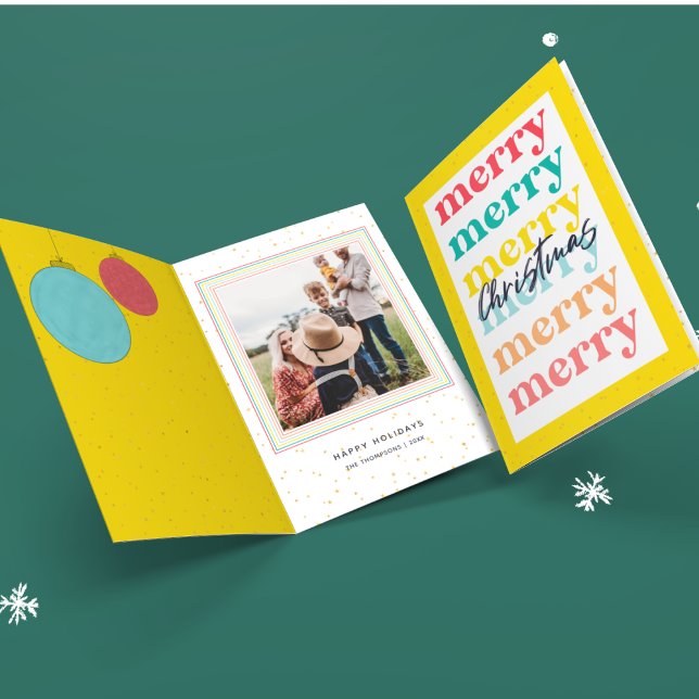 Modern Gold Stars Yellow Christmas Balls One Photo Card (Creator Uploaded)
