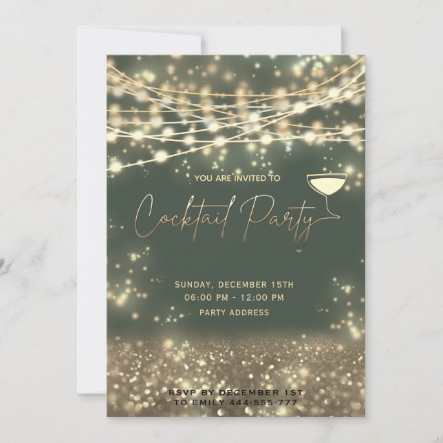 Modern Gold string lights corporate Cocktail party Invitation (Front)