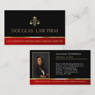 Modern Gold Stripe Black & Red Lawyer Attorney Business Card