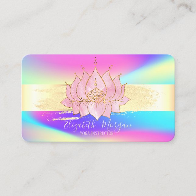 Modern Gold Stripe,Brush Stroke Holographic Lotus Business Card (Front)