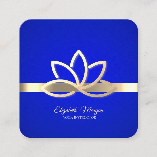 Modern Gold Stripe,Gold Lotus  Royal Blue Square Business Card (Front)