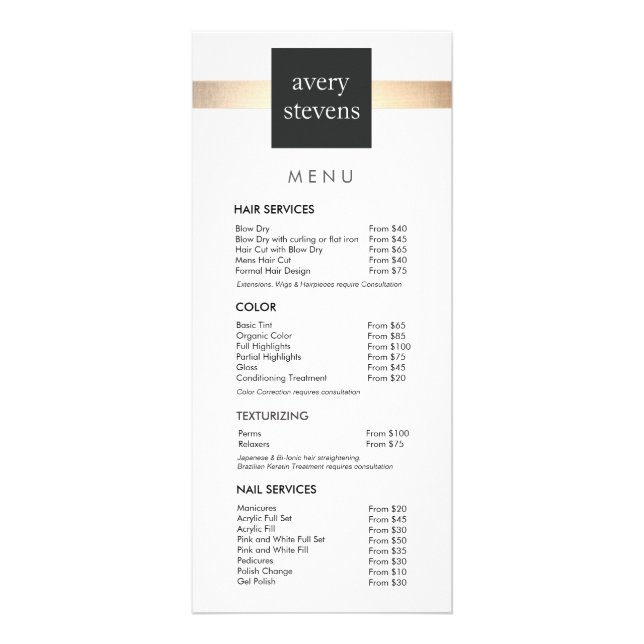 Modern Gold Striped Black and White Salon Menu (Front)