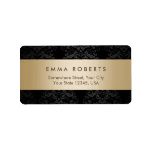 Modern Gold Striped Elegant Black Damask Label